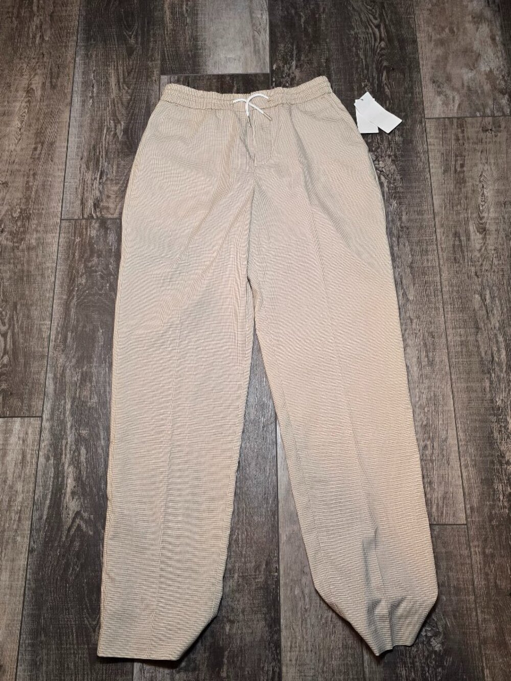 Calvin Klein Womens XL 18 20 Slim Fit Stretch Drawstring Pants Beige Check NWT